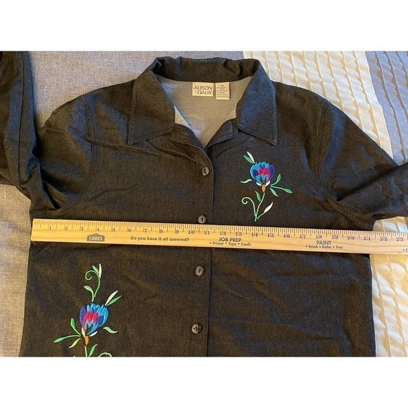 ALLISON Daley Black Button Up Long Sleeve Blouse Shirt Top Embroidered Flowers - Picture 7 of 9